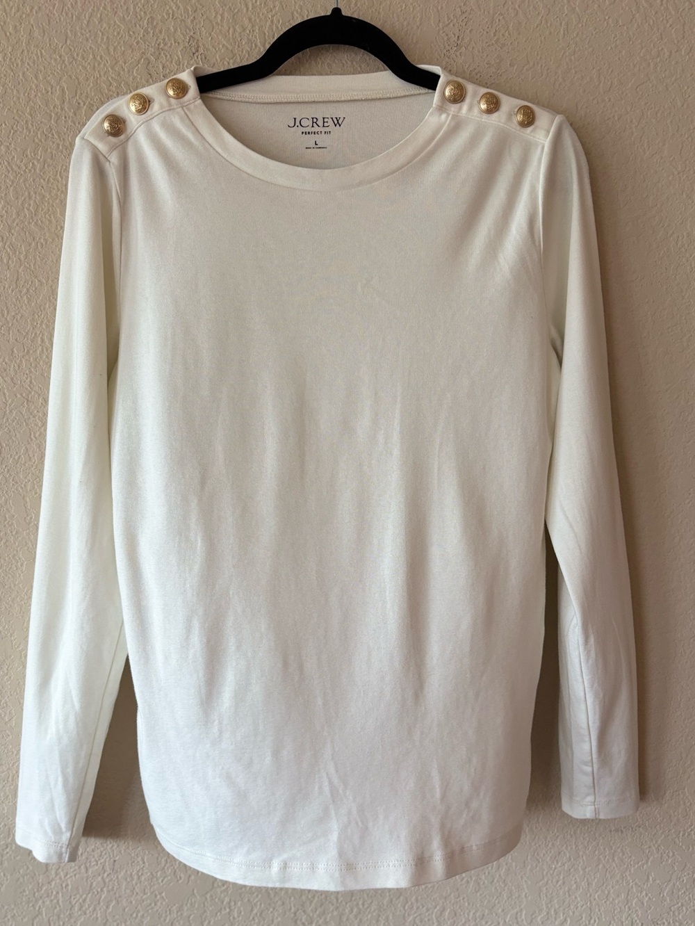 J. Crew Perfect Fit LS crewneck T-shirt Gold Shoulder buttons Size L Ivory